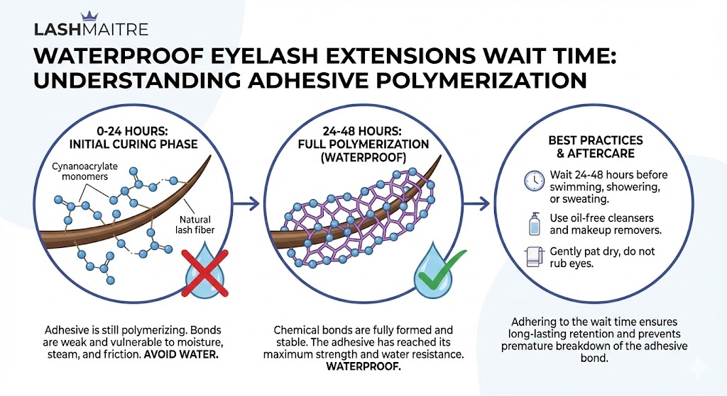 LASHMAITRE infographic illustrating the 24-48 hour adhesive polymerization process, explaining why waiting is essential before swimming with eyelash extensions to ensure a waterproof bond.