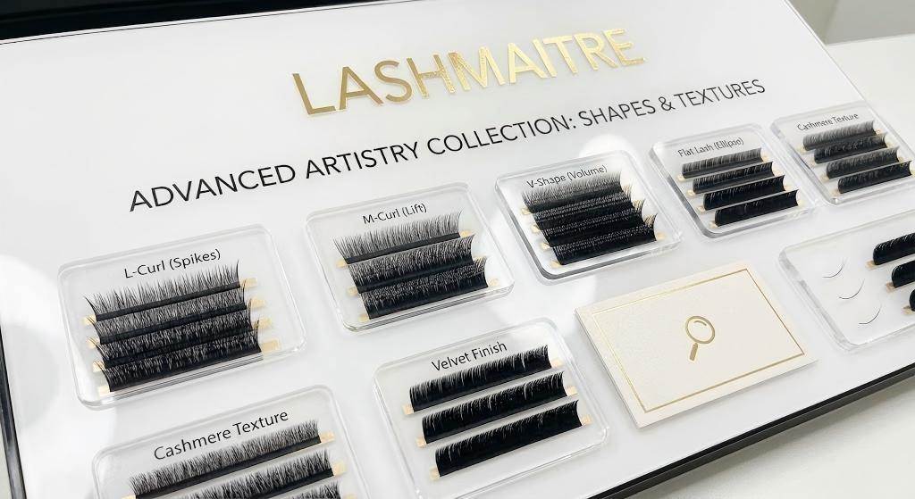 LASHMAITRE Advanced Artistry display featuring specialized curls and textures designed to execute complex lash mapping styles like Wispy, Wet Look, and Eyeliner effects.