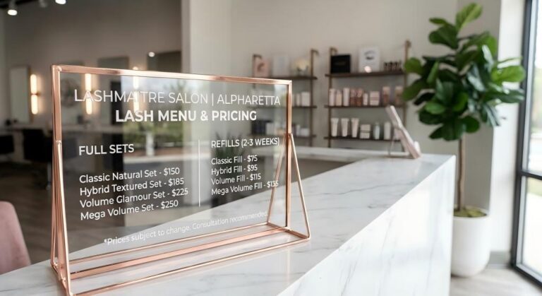 Elegant LASHMAITRE salon menu sign on a reception desk displaying a clear price list for full sets and refills, illustrating premium alpharetta lash salon pricing standards.