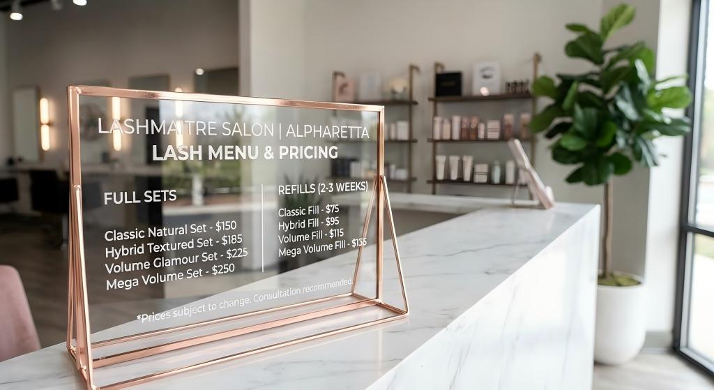 Elegant LASHMAITRE salon menu sign on a reception desk displaying a clear price list for full sets and refills, illustrating premium alpharetta lash salon pricing standards.