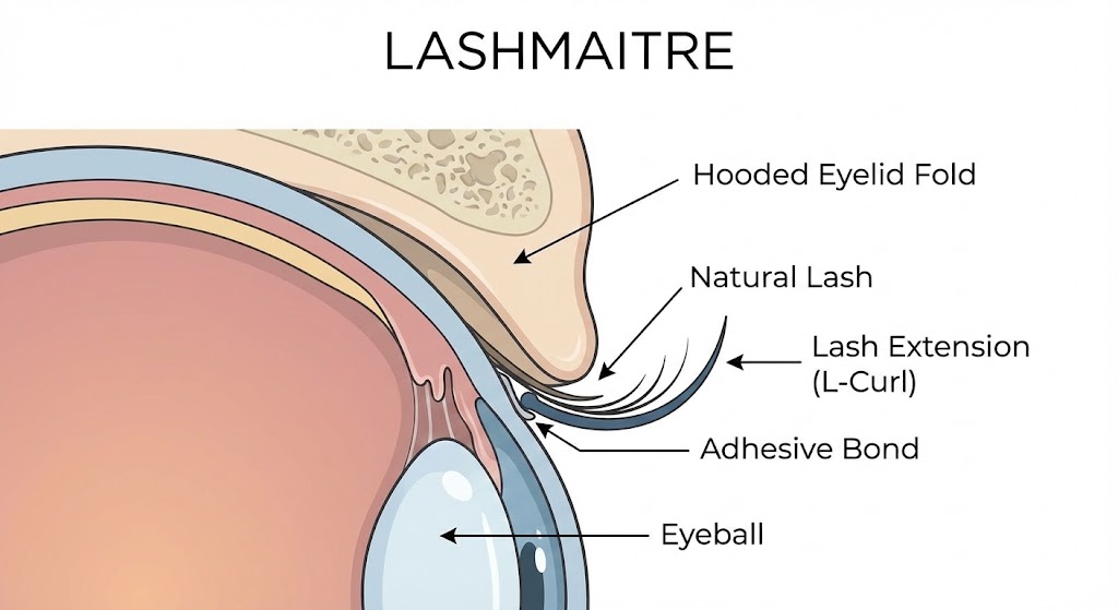 LASHMAITRE anatomical cross-section diagram showing the structure of the eyelid fold and the correct placement of an L-Curl for eyelash-extensions-hooded-eyes to ensure visibility and comfort.