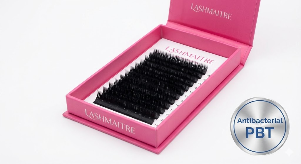 "LASHMAITRE antibacterial PBT eyelash extension trays in signature pink packaging, designed to minimize infection risks for clients asking 'can eyelash extensions cause styes'."