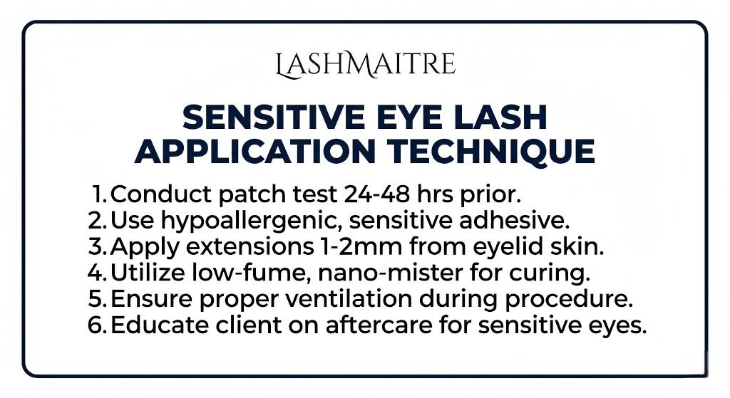 LASHMAITRE instructional card outlining the 6-step sensitive eye lash extensions protocol, highlighting patch tests and hypoallergenic adhesive application.