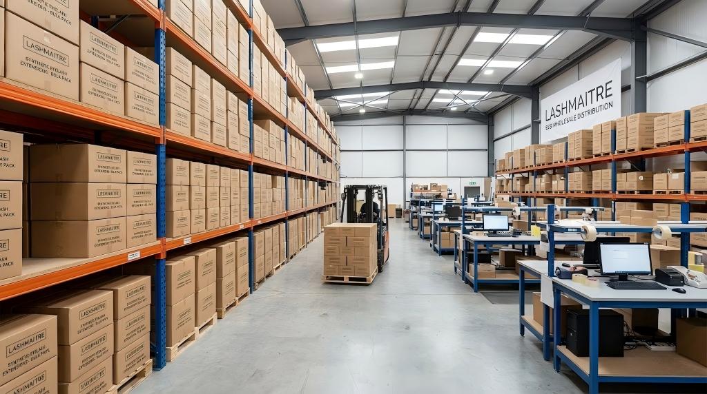 Large LASHMAITRE B2B wholesale warehouse showing pallets of bulk inventory and distribution activity, demonstrating supply capacity for clients choosing between synthetic vs mink eyelash extensions.