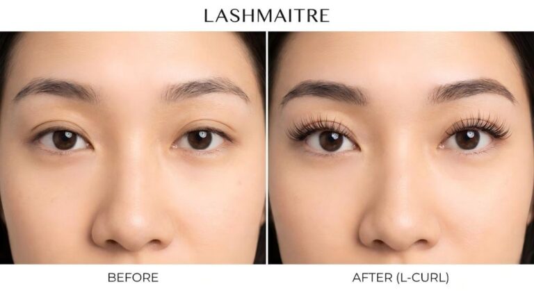 A split-screen LASHMAITRE "before and after" photo comparison. The left shows an Asian woman with natural, downward-pointing lashes. The right shows the dramatic, lifted result of using L-Curl eyelash extensions for Asian eyes.
