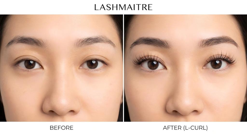 A split-screen LASHMAITRE "before and after" photo comparison. The left shows an Asian woman with natural, downward-pointing lashes. The right shows the dramatic, lifted result of using L-Curl eyelash extensions for Asian eyes.
