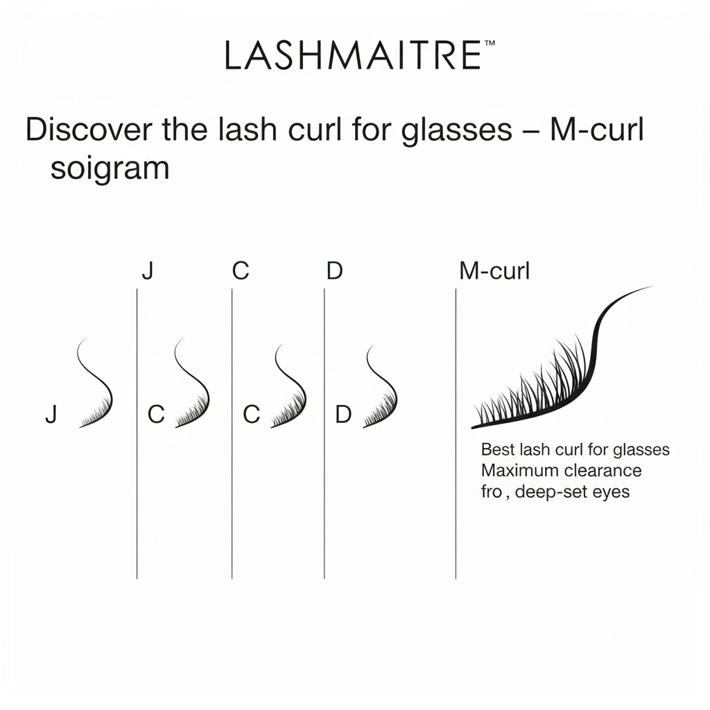 A technical lash diagram by LASHMAITRE comparing J, C, D, and M curls against a vertical line representing a glasses lens. The diagram identifies M-curl as the best lash curl for glasses due to its maximum clearance for deep-set eyes.