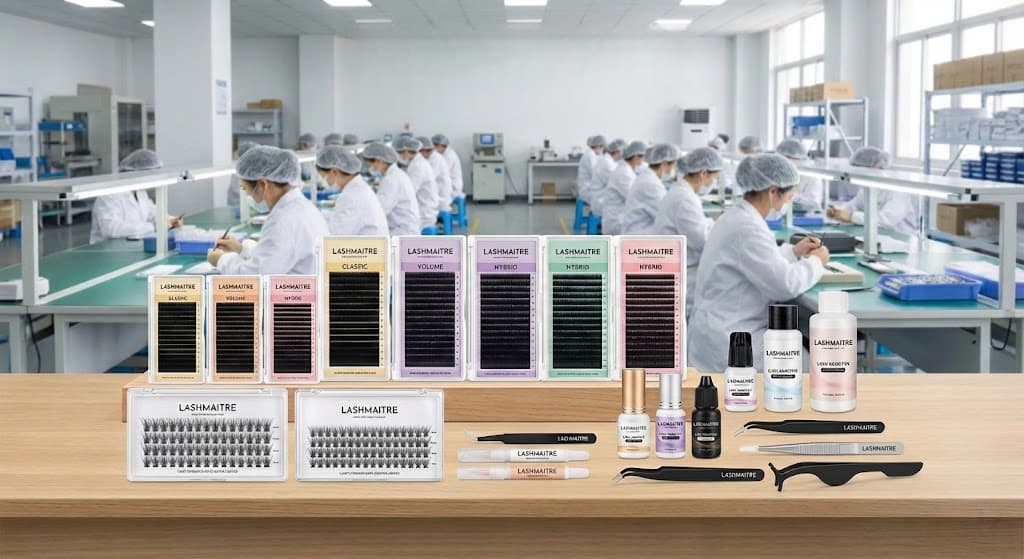 Lash extension trays, lash clusters, adhesive, and tools arranged neatly with branded packaging