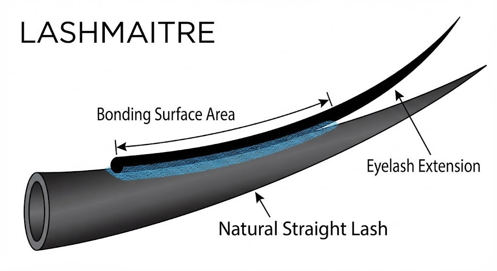 LASHMAITRE microscopic diagram illustrating the optimal bonding surface area between a natural lash and an extension, ensuring maximum retention when applying eyelash extensions for straight eyelashes.