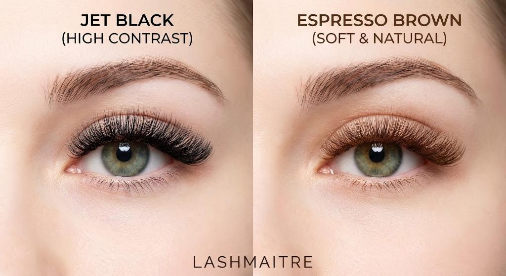 "Split-screen beauty portrait by LASHMAITRE comparing the visual effect of brown vs black eyelash extensions on fair skin to demonstrate the difference in contrast and softness."