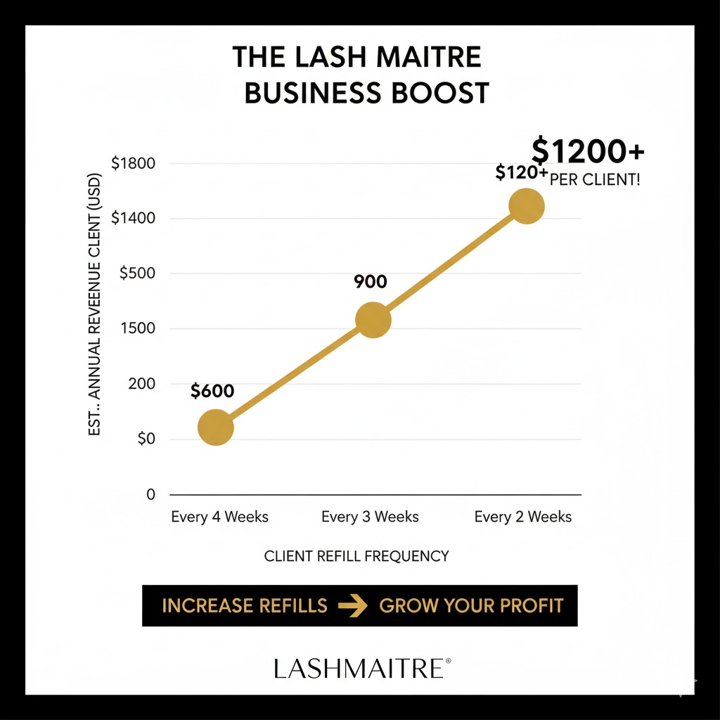 A line graph by LASHMAITRE showing the positive correlation between client refill frequency and annual salon revenue, highlighting the strategic importance of pricing lash fills for business growth.