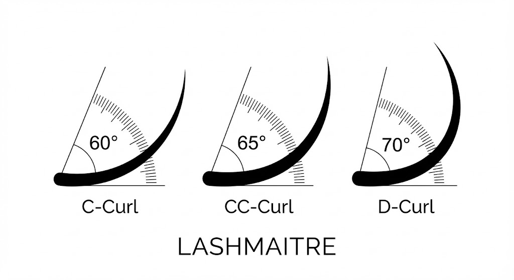 "Technical diagram by LASHMAITRE comparing the side profile angles of C-Curl (60°), D-Curl (70°), and cc curl eyelash extensions (65°)."