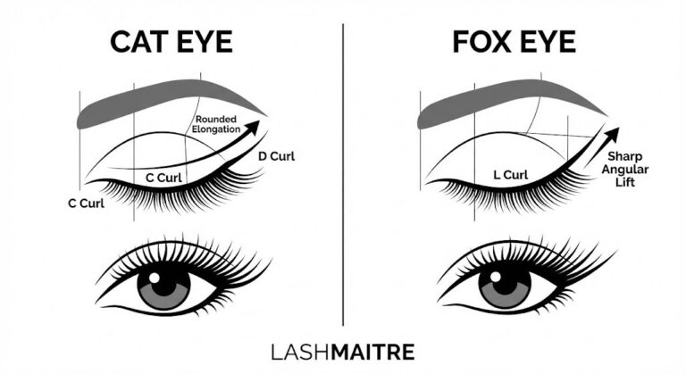 "Split-screen technical mapping diagram by LASHMAITRE illustrating the curl and shape differences between cat eye vs fox eyelash extensions, featuring C/D curls versus L curls."
