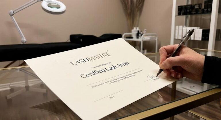 Close-up of a LASHMAITRE trainer signing an official "Certified Lash Artist" certificate upon the successful completion of our eyelash extension classes RI.