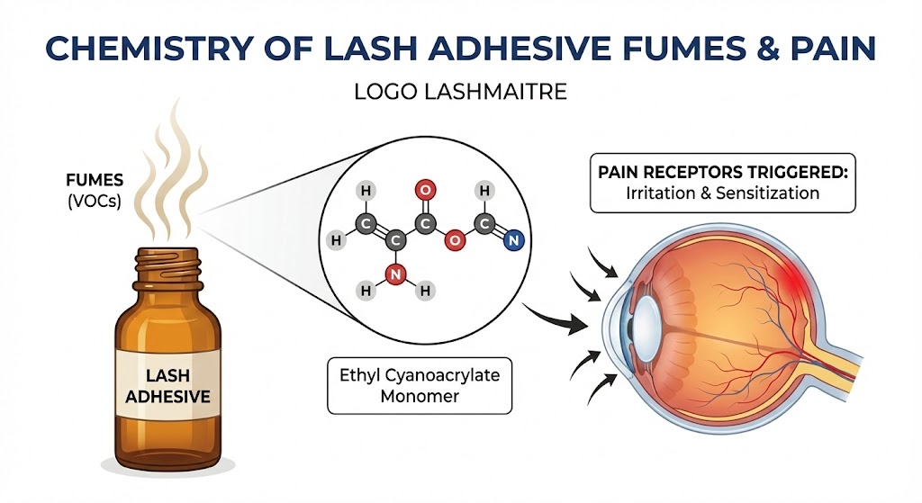Scientific diagram by LASHMAITRE illustrating how ethyl cyanoacrylate monomers in lash adhesive fumes trigger pain receptors in the eye, explaining the root cause of irritation often confused in chemical burn vs allergy lash extensions scenarios.