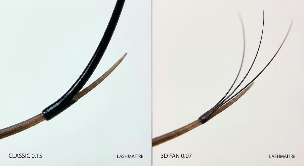 "Macro split-screen photography comparing the thickness of a single 0.15mm classic eyelash extension 3d volume fan (3D) made of three 0.07mm lashes, featuring the LASHMAITRE logo text."