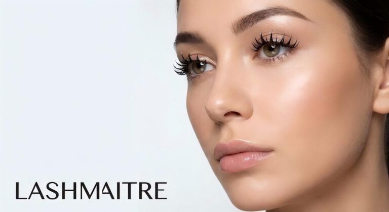 "Close-up beauty portrait of a model featuring the textured 'Wet Look,' a modern hybrid style combining classic eyelash extension 3d techniques for a spiked effect, with LASHMAITRE text branding."