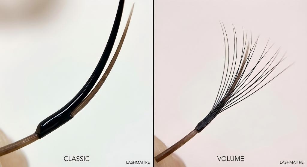 A split-screen macro photograph comparison demonstrating the difference between a classic eyelash extension vs volume application. The left side, labeled "CLASSIC," shows one single, thicker extension attached to a natural lash. The right side, labeled "VOLUME," shows a handmade fan of multiple ultra-fine extensions attached to a single natural lash. Both sides feature the LASHMAITRE brand name.
