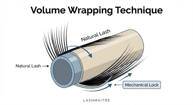 "Technical diagram illustrating the 'Volume Wrapping' technique, showing how a volume fan locks around a natural lash compared to the placement of a classic eyelash extension vs volume lashes, with LASHMAITRE text branding."