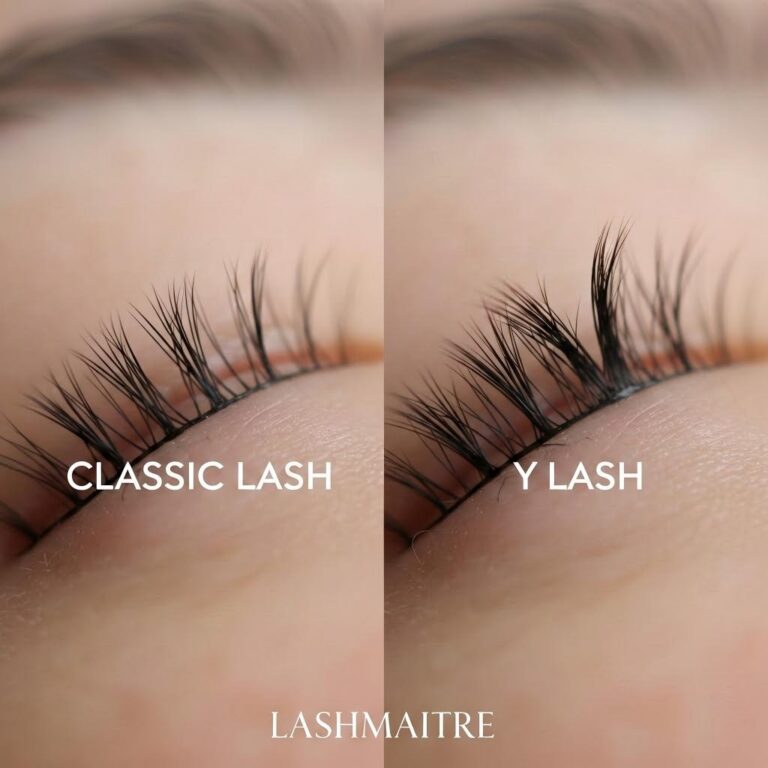 Macro photograph showing a side-by-side comparison between a single Classic Lash application on the left and a fuller eyelash extension Y style on the right, presented by the brand LASHMAITRE.