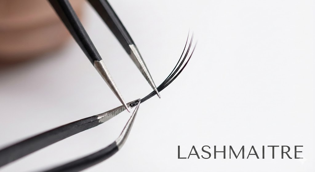 "Macro close-up of professional tweezers isolating a natural lash during the precise application of classic mink eyelash extensions, featuring a seamless 1:1 connection and the LASHMAITRE text logo."