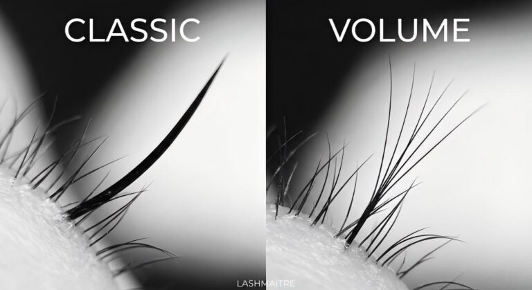 Split-screen macro photograph illustrating the difference between "CLASSIC" (left) and "VOLUME" (right) eyelash extensions by LASHMAITRE. The image contrasts a single thicker extension applied 1:1 against a multi-lash volume fan applied to a natural lash, showing the variation in thickness and fullness.