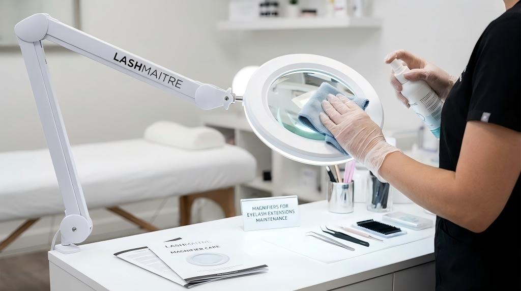 A professional lash artist in a salon is cleaning the lens of a LASHMAITRE LED lamp, demonstrating proper maintenance for one of the best magnifiers for eyelash extensions.