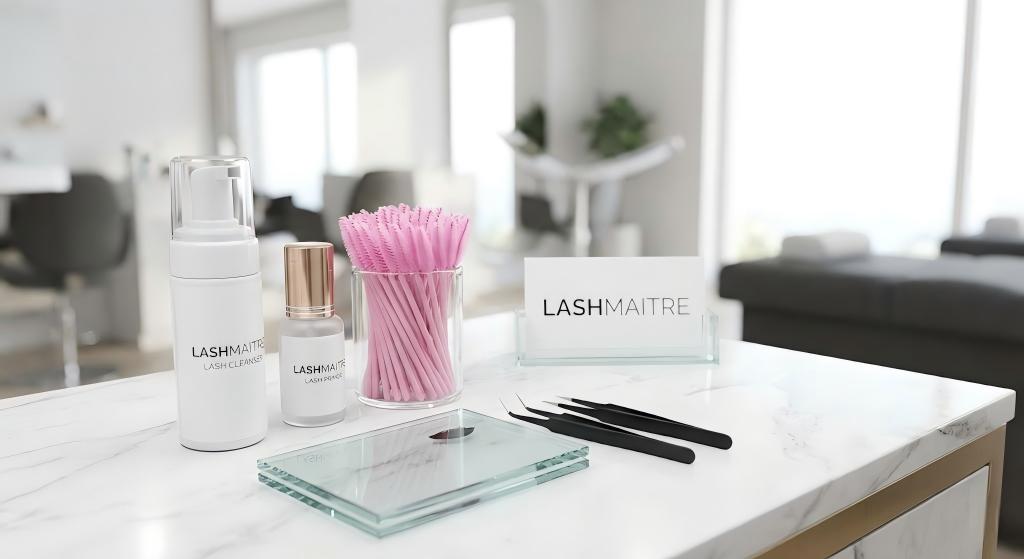 A close-up display of LASHMAITRE cleanser, primer, and microfiber brushes on a salon workstation, illustrating the essential products used when learning how to prepare for eyelash extensions.