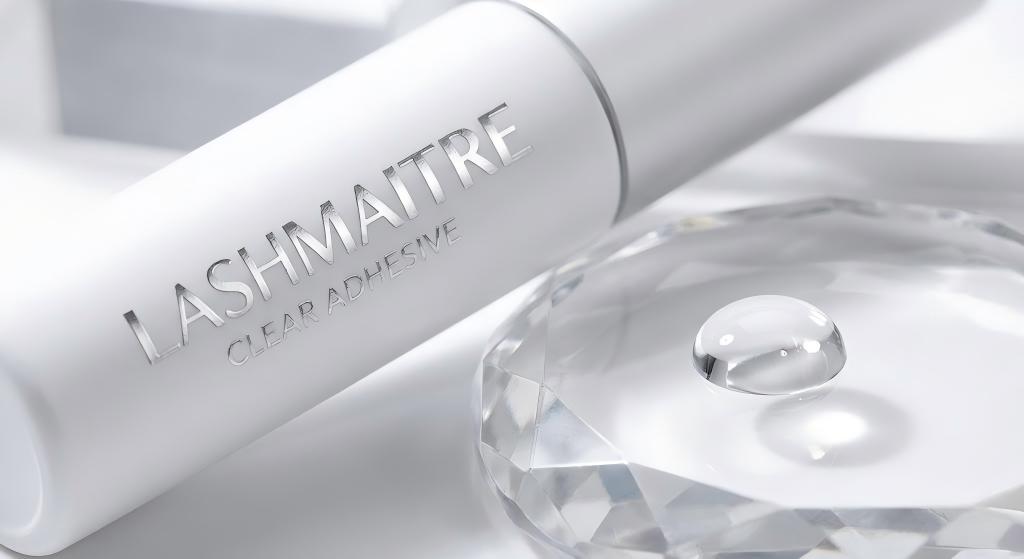 Professional product photography of the LASHMAITRE clear eyelash extension glue bottle with premium silver text, alongside a crystal palette showing a pure, transparent adhesive drop, aimed at wholesale buyers.