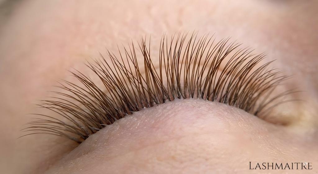 Extreme macro close-up of brown eyelash extensions applied with LASHMAITRE clear eyelash extension glue, showing a perfectly seamless, invisible bond with no black clumps at the base of the natural lashes.