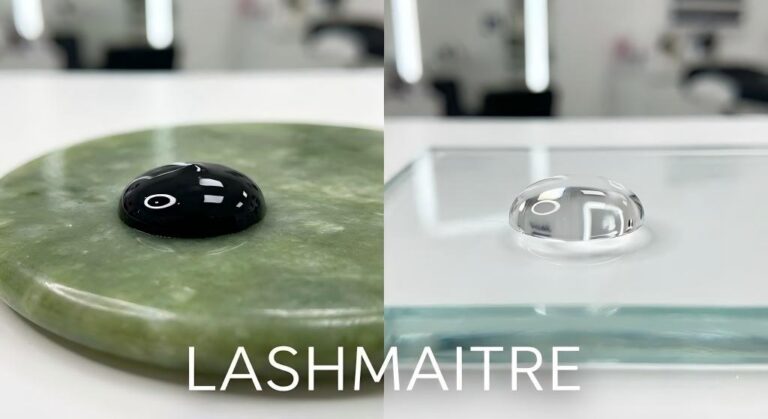 Split-screen macro comparison showing a glossy black adhesive drop on a jade stone (left) versus a pigment-free, crystal clear eyelash extension glue drop by LASHMAITRE on a glass palette (right).