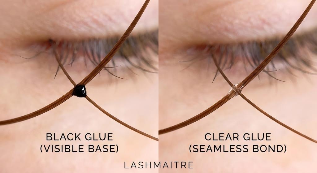 "Macro close-up by LASHMAITRE comparing adhesive bonds on brown fibers, illustrating the necessary technique adjustments when switching between brown vs black eyelash extensions."
