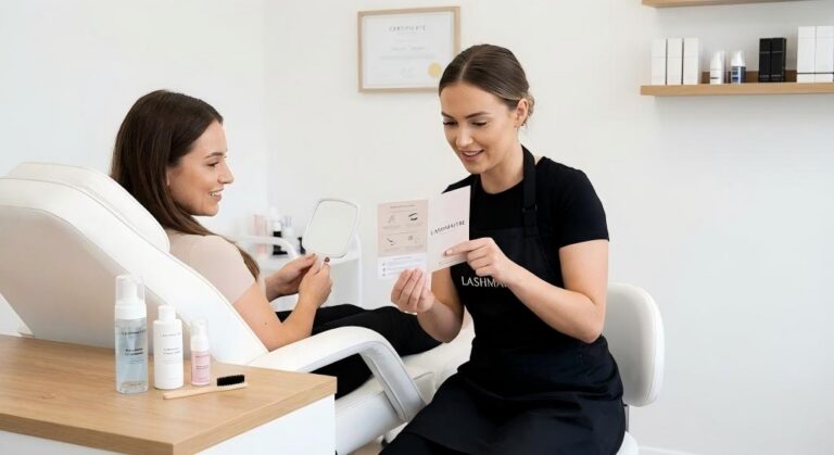 A professional lash artist holding a LASHMAITRE aftercare card, explaining to a client how to maintain eyelash extensions effectively between appointments.