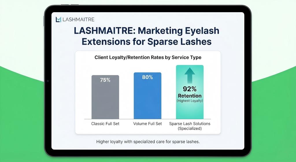 LASHMAITRE marketing graph on a tablet displaying client retention rates by service type. The chart shows that specialized "Sparse Lash Solutions" achieve the highest loyalty at 92%, outperforming standard methods when offering eyelash extensions for sparse lashes.