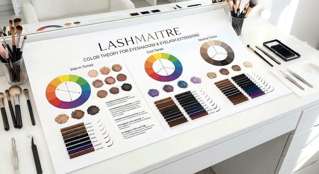 LASHMAITRE color theory chart on a desk displaying warm, cool, and neutral tones for matching eyeshadows with colored lash extensions.