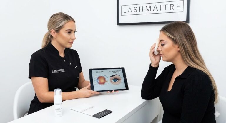 A LASHMAITRE technician educating a client during a consultation on how to safely treat a stye without damaging eyelash extensions, using diagrams on a tablet while the client applies a warm pad