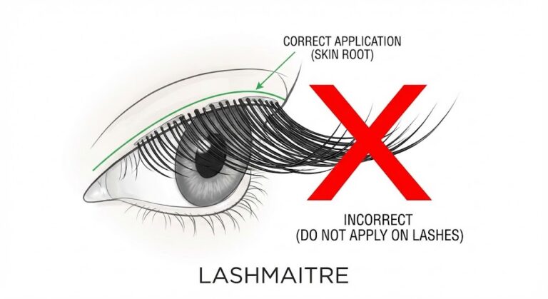 "Technical illustration by LASHMAITRE showing the correct application zone on the eyelid skin versus the lashes, visually answering 'can you put eyelash serum on lash extensions' to prevent bond damage."
