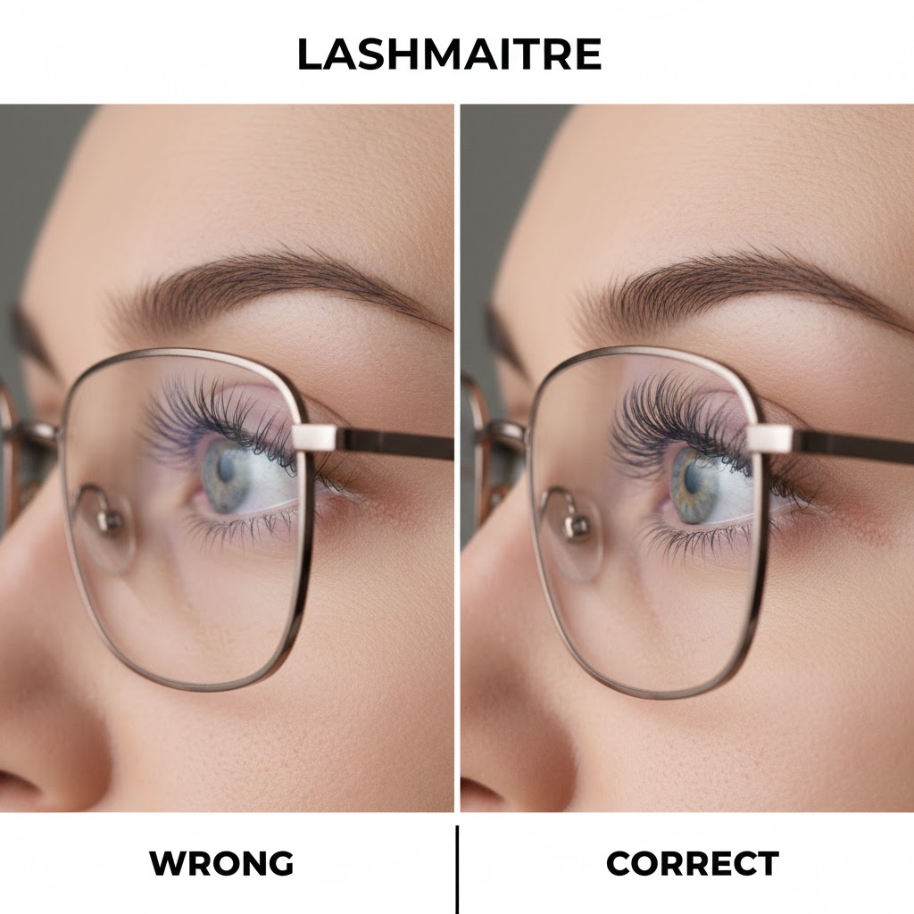 A split-screen close-up comparison by LASHMAITRE showing the interaction between eyelash extensions and glasses. The left side is labeled "Wrong," showing straight extensions hitting the lens. The right side is labeled "Correct," showing curled extensions cleared from the lens.