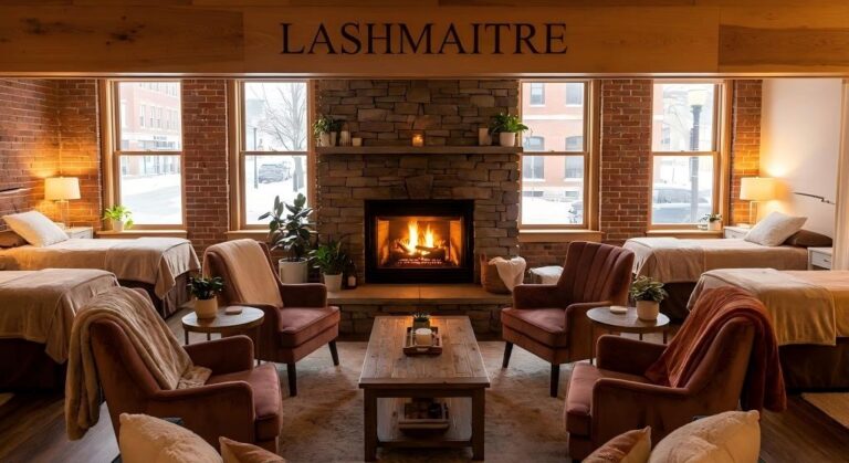 Interior view of LASHMAITRE, a warm and inviting salon for eyelash extensions in Burlington, VT, featuring a central stone fireplace, exposed brick walls, plush velvet armchairs, and comfortable treatment beds overlooking a snowy street.