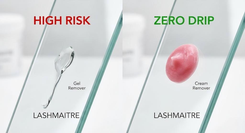 Macro viscosity test on tilted glass comparing lash removal products. Runny "Gel Remover" is labeled "High Risk" (left), while thick, pink LASHMAITRE "Cream Remover Eyelash Extensions" stays perfectly in place labeled "Zero Drip" (right), demonstrating superior safety.