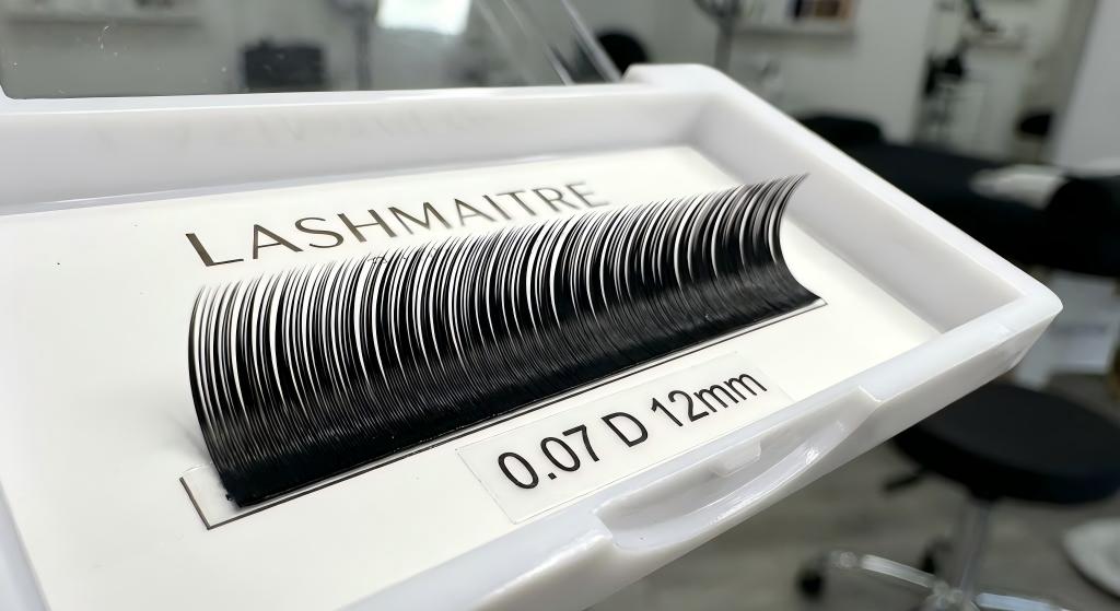 Close-up macro shot of a LASHMAITRE product tray containing premium d curl eyelash extensions. The label clearly shows the specs: 0.07 thickness, D curl, and 12mm length, showing perfectly consistent alignment and deep curl quality.