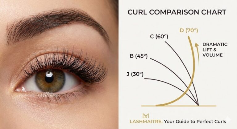 A split image showing a close-up of an eye wearing D curl eyelash extensions for a lifted look (left), and a Curl Comparison Chart (right) by LASHMAITRE highlighting the 70° angle of the D curl for "Dramatic Lift & Volume" compared to J, B, and C curls.