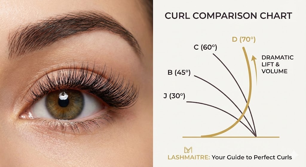 A split image showing a close-up of an eye wearing D curl eyelash extensions for a lifted look (left), and a Curl Comparison Chart (right) by LASHMAITRE highlighting the 70° angle of the D curl for "Dramatic Lift & Volume" compared to J, B, and C curls.