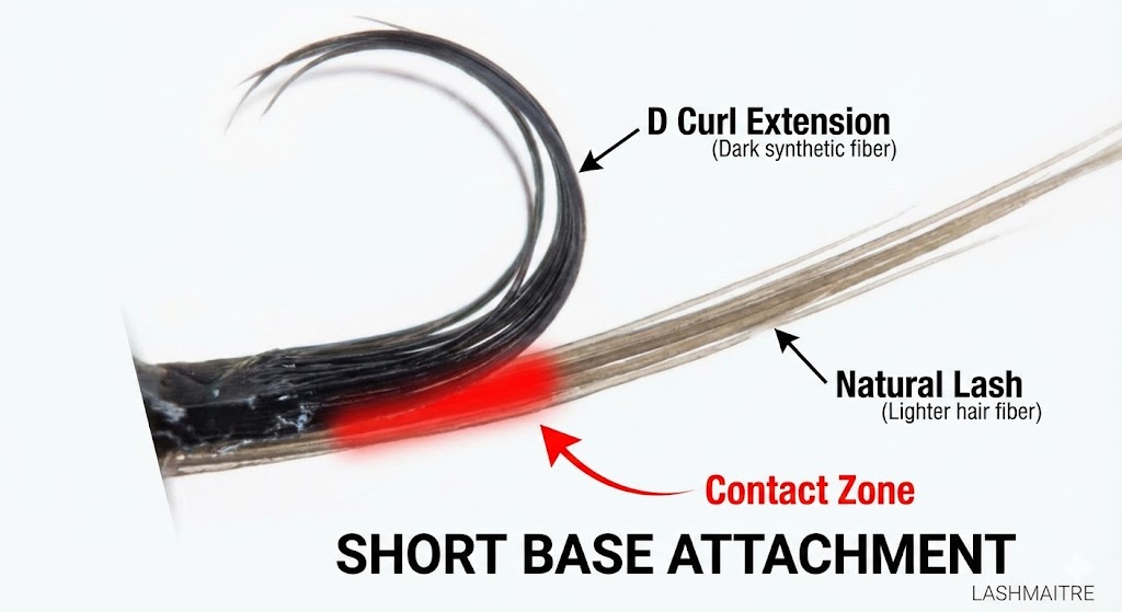 Macro diagram explaining retention challenges of d curl eyelash extensions. It shows a D Curl extension on a natural lash, with a small, red-highlighted "Contact Zone" indicating the "Short Base Attachment" area.