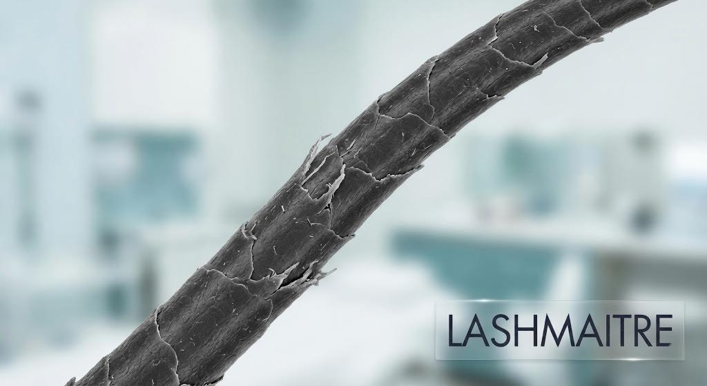 Macro SEM photograph of a single eyelash strand showing significant cuticle damage and flaking, illustrating damaged lashes from extensions.