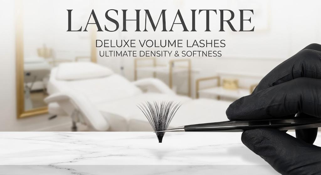 A LASHMAITRE marketing photo showing a gloved technician holding a perfect, fluffy eyelash extension deluxe lashes volume fan with tweezers over a marble surface, emphasizing "Ultimate Density & Softness" in a luxury salon setting.