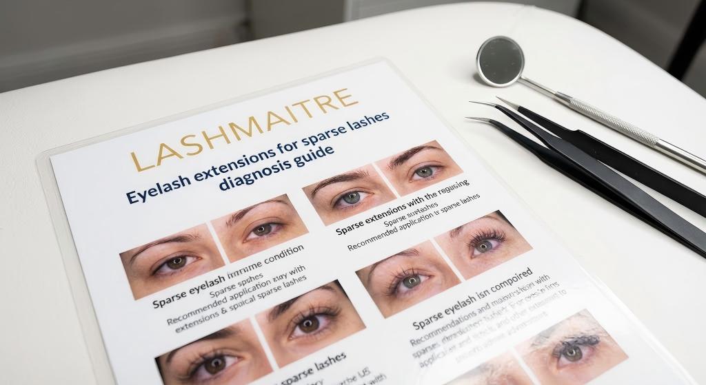 LASHMAITRE diagnosis guide lying on a sterile salon tray alongside professional tweezers, detailing the assessment process for applying eyelash extensions for sparse lashes safely.