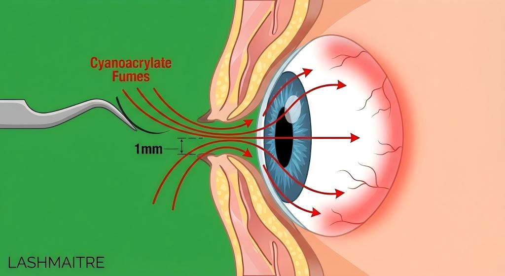 "Medical cross-section illustration showing the trajectory of cyanoacrylate fumes entering the eye through a gap in the eyelids, demonstrating the primary cause of a chemical burn from eyelash extensions, with LASHMAITRE branding."