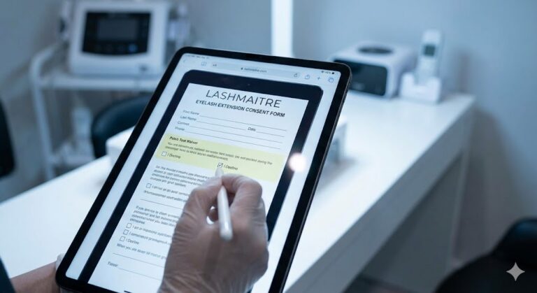Close-up of a hand using a stylus on an iPad to electronically sign the LASHMAITRE eyelash extension consent form, specifically checking the 'I Decline' box for the patch test waiver in a high-tech salon setting.