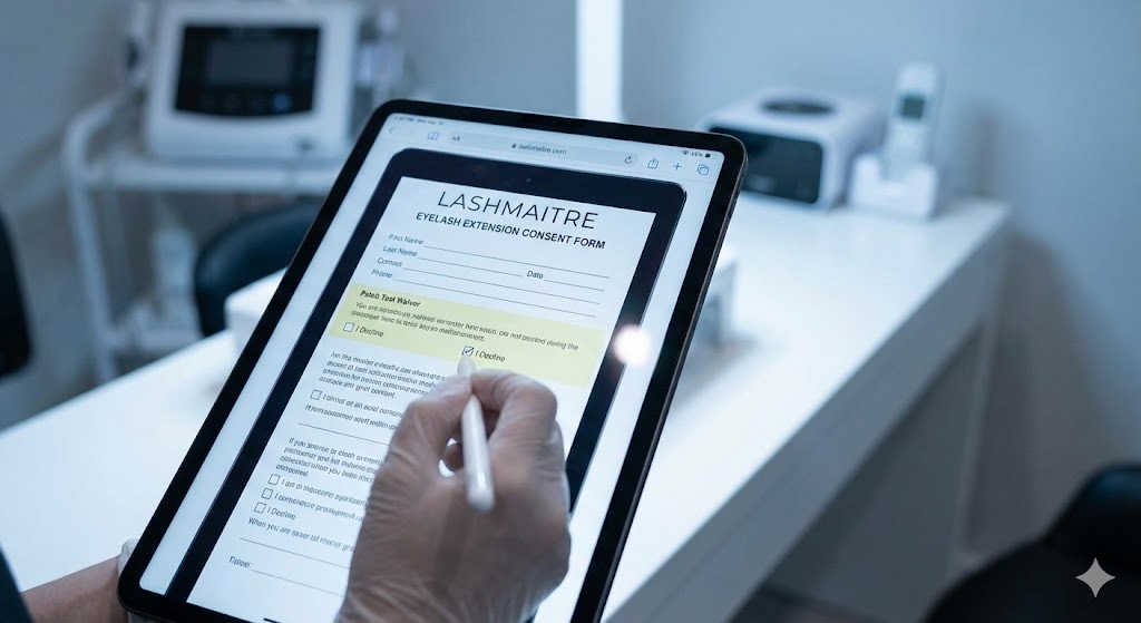 Close-up of a hand using a stylus on an iPad to electronically sign the LASHMAITRE eyelash extension consent form, specifically checking the 'I Decline' box for the patch test waiver in a high-tech salon setting.